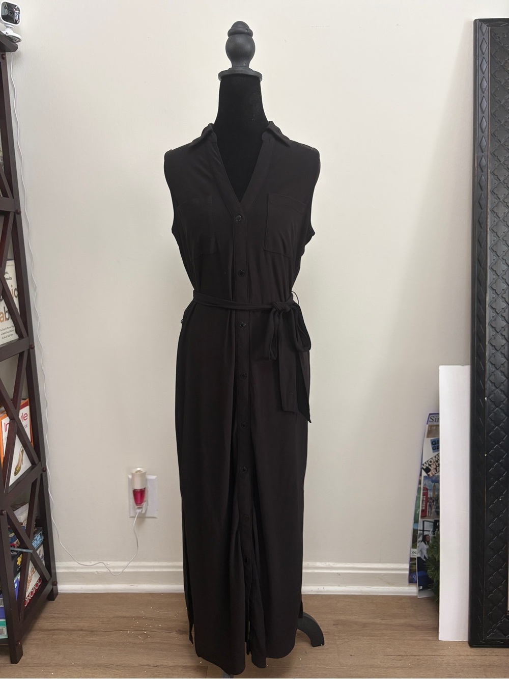 White House Black Market Black Sleeveless Button-Front Maxi Dress with Waist Tie